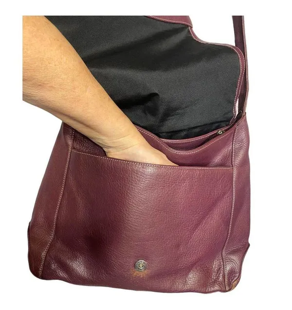 Levenger Shoulder Bag Large Medium Maroon Burgundy Fold Over Chic Purse Saddle - Image 7