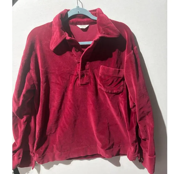 Vintage Burgundy Velour‎ Polo Shirt Long Sleeve Collared Pocket Size L - Image 2