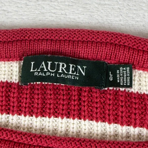 Lauren Ralph Lauren Striped Cotton Shaker Knit Sweater Red Cream L 200815982001 - Image 2