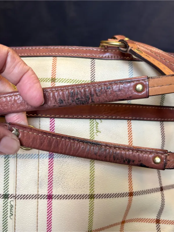 Vtg Coach Heritage Tattersall Plaid Coated Canvas Tote & Wallet with Blue Stripe - Image 7