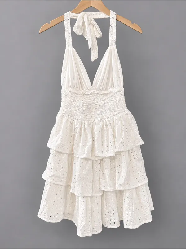 White Halter Tiered Eyelet Mini Dress - Size XS | Windsor - Image 5