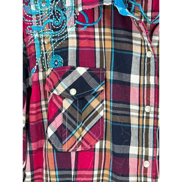 Rock‎ & Roll Cowgirl Embroidered Plaid Pearl Snap Western Shirt XL Rhinestone - Image 5