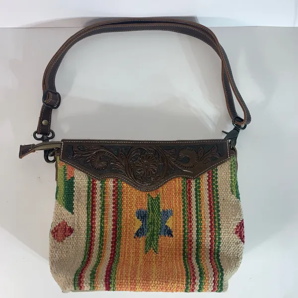 Myra handmade tooled bag leather & cotton carve detachable strap - Image 9