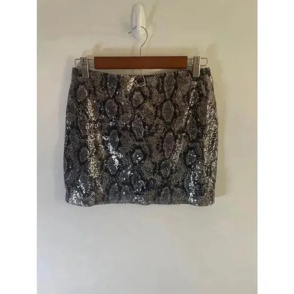 Y2K Express Sequin Snakeskin Pattern Mini Skirt - Black/Gold - Size XS 0289‎ - Image 3