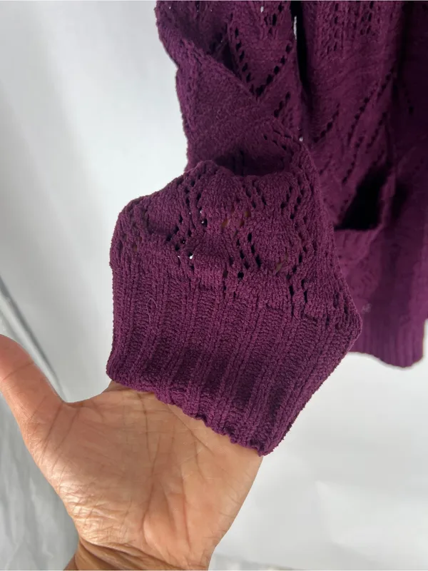 Hooked Up Cozy Cardi Winter Bloom Purple Pointelle Open Front Cardigan S NWT - Image 5