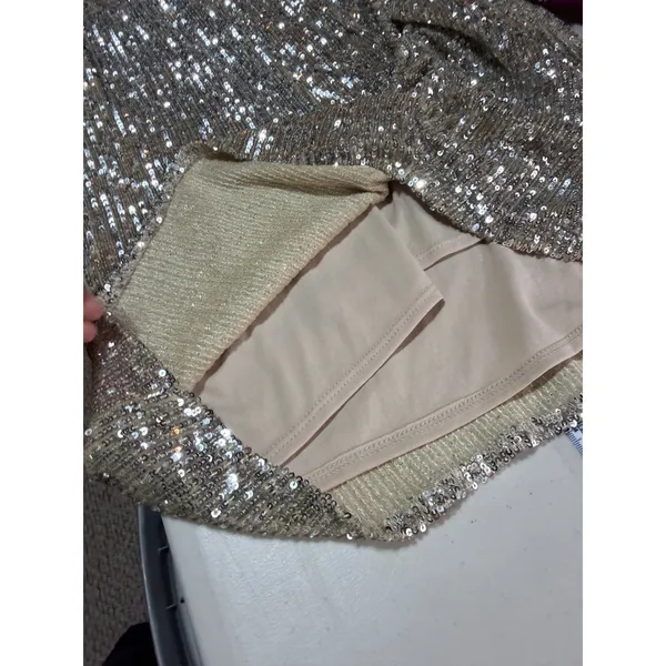 Show‎ Me Your Mumu Party Hop Dress Womens M Gold Sequin Ruched Mini Disco Glam - Image 8