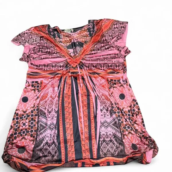 One World Tunic Top Pink Large‎ Boho Geometric Print Casual Summer Festival - Image 4