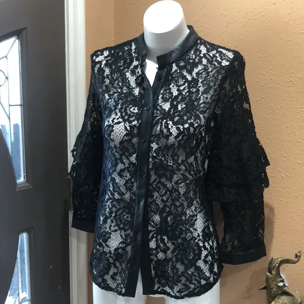 Zara basic black lace button up blouse - Image 2
