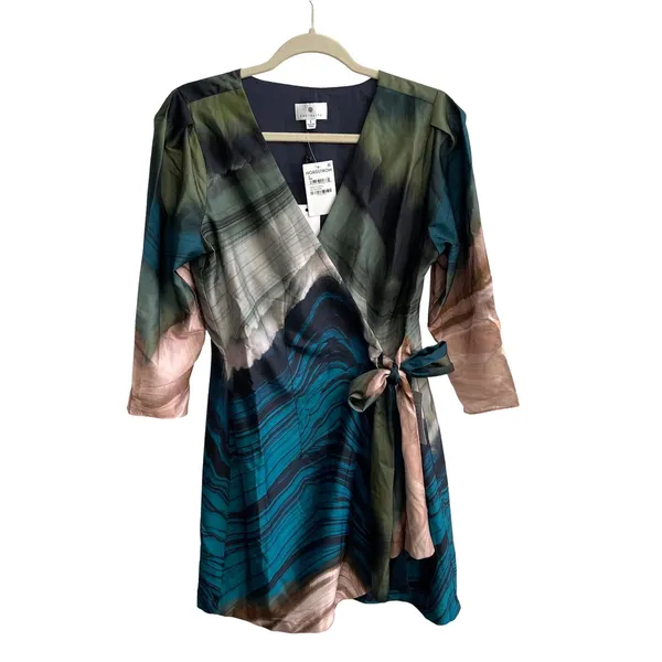 Socialite Olive Teal Abstract Marble Print Wrap Mini Dress WDR121749-N New Small - Image 2