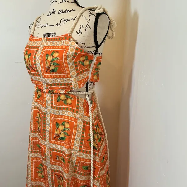 Unbranded Maxi Dress Orange Lemon Print Rope Straps Cut Out Back Small - Image 2