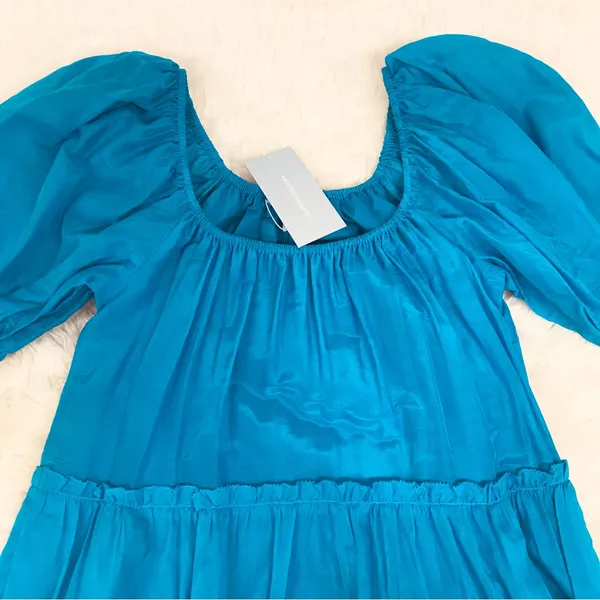 ANTONIO MELANI Puff Sleeve Midi Dress Small Turquoise‎ Blue Tiered Silk Cotton - Image 5