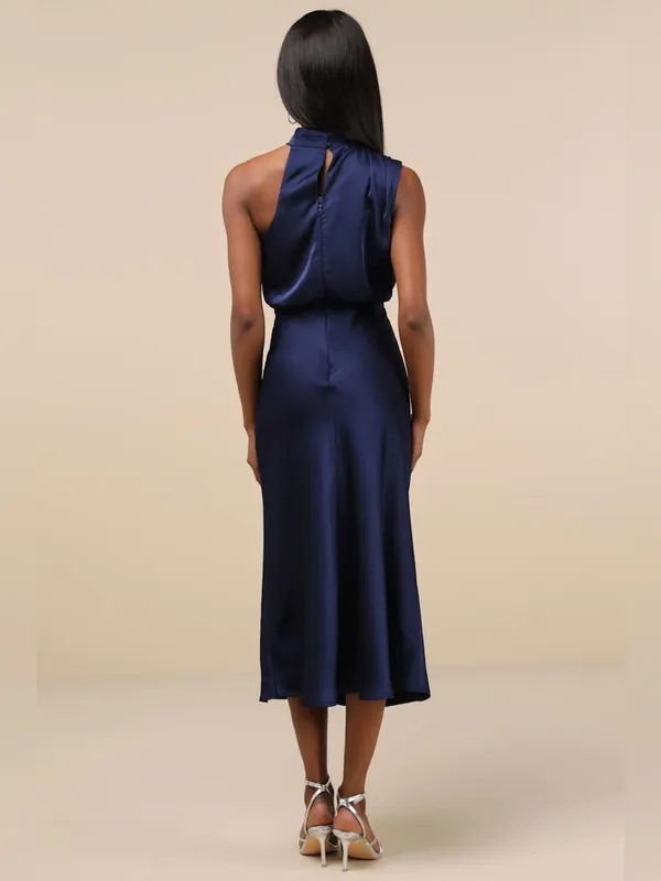 LULU’S Distinctive Charm Navy Satin Asymmetrical Midi Dress - Image 4