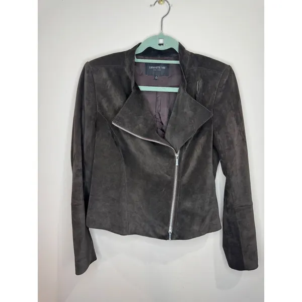 Lafayette 148 Brown Suede Leather Moto Jacket sz 6 Asymmetrical Zip - Image 2