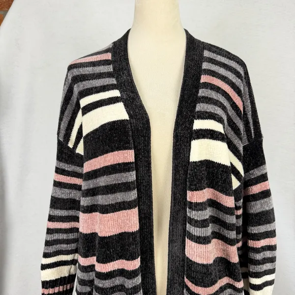 Olive + Oak Chenille Longline Cardigan Womens Medium Striped Grey Pink Cream - Image 2
