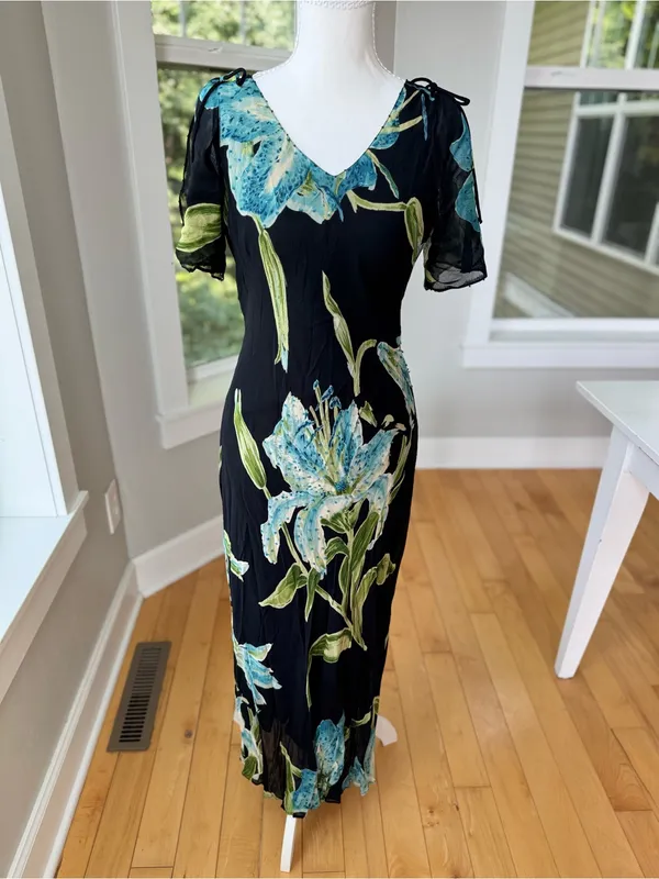 Vintage 90’s Dressbarn Black Blue Floral Beaded V Neck Bias Cut Slip Dress Sz M - Image 14