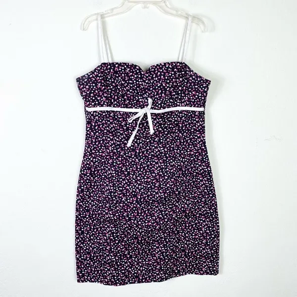 Vintage y2k Aqua Blues Pink & Black Polka Dot Sleeveless Bow Accent Mini Dress L - Image 3
