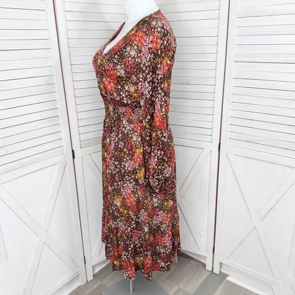 Cottagecore Floral‎ Smocked Waist Long Sleeve Boho Midi Dress Brown Multi Large - Image 2