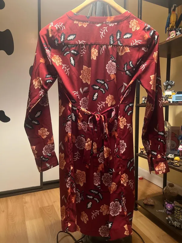 Loft Red and orange floral dress with long sleeves, button down front - Image 3