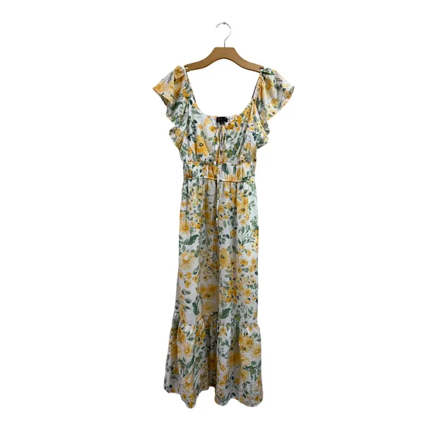 Rachel Zoe Yellow Floral Ruffle Midi Dress Smocked Waist Pockets Womens‎ Size M - Image 2