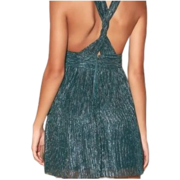 New LULUS Ailey Metallic Teal Twist Back Skater Dress Womens Size L Mini Party‎ - Image 3