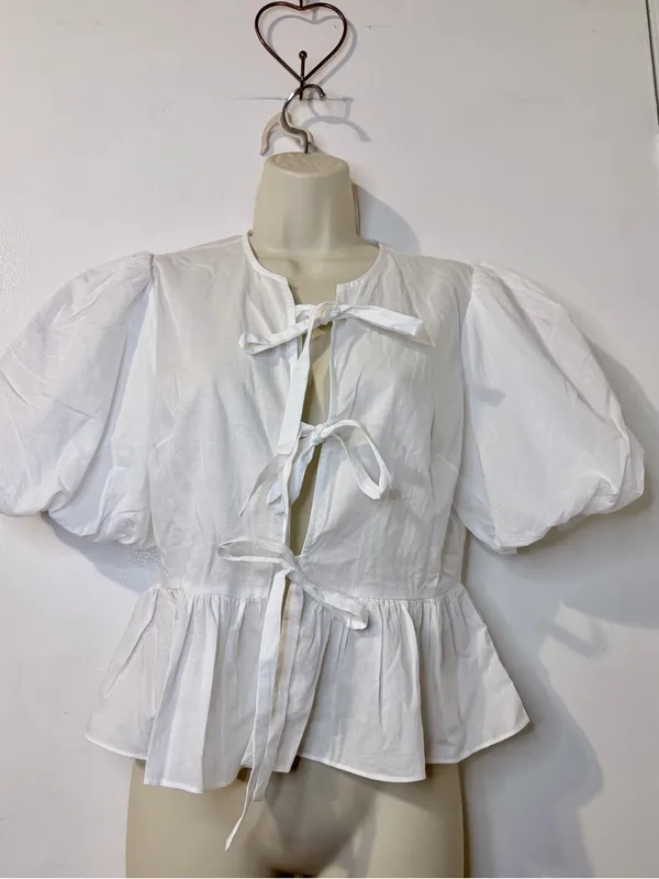 Playa Lucila White Puff Sleeve Peplum Tie Front Blouse S - Image 4