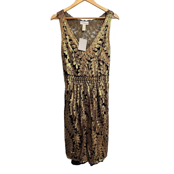 Anthropologie Project Alabama Gold‎ Leaf Sequin Black V-Neck Mini Dress 8 NEW - Image 2
