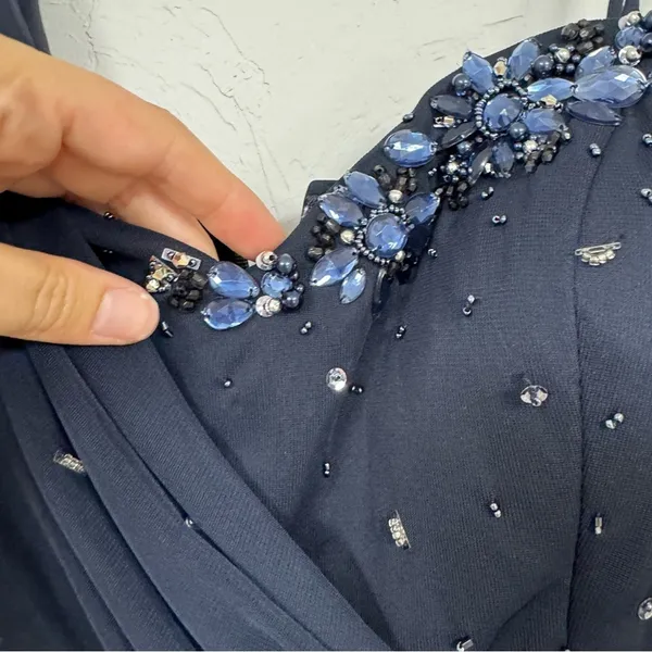 Xscape Blue Beaded One Shoulder Maxi Formal Dress Womens 12 Ruched Bridesmaid - Image 11