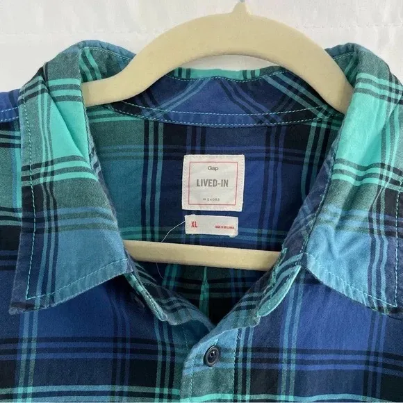Gap Plaid Lived-In Cotton Long Sleeve Button Down Shirt Blue Aqua Size XL - Image 10