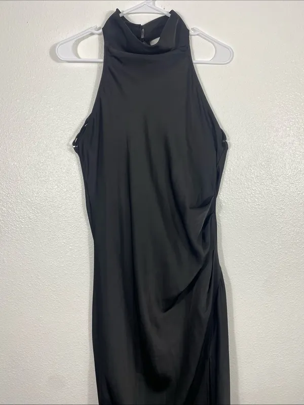 Hello Molly Black Halter Satin Maxi Dress with Side Slit Size L US8 - Image 5