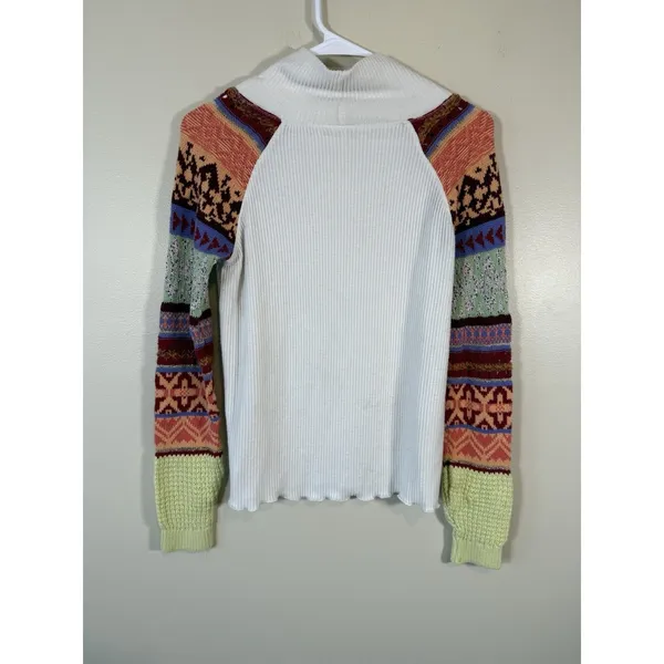 Free People Mixed Knit Cowl Neck Sweater S Boho Patchwork Fair Isle Sleeve Prism - Image 4