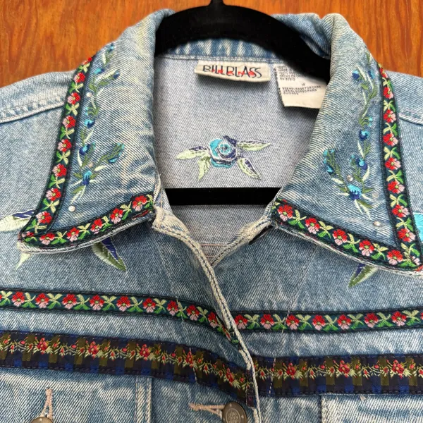 Vintage 90s Bill Blass Embroidered Floral Rhinestone Denim Vest M Cottage Garden - Image 13