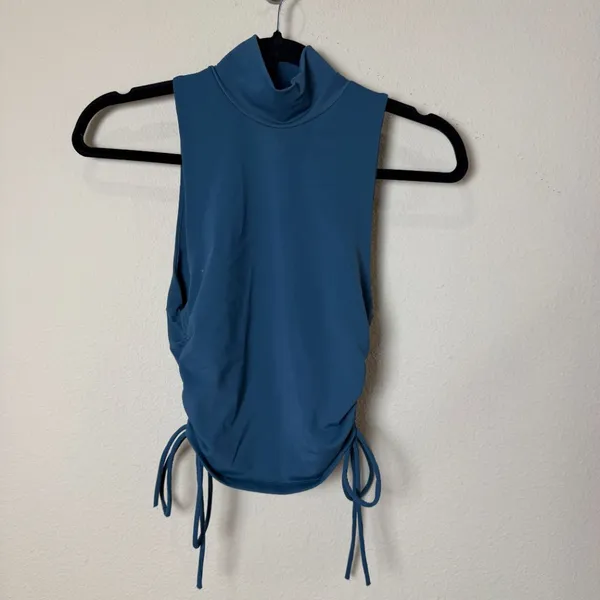 ZARA Teal Mock Neck Tie Scrunch Side Sleeveless Top Size Medium - Image 2