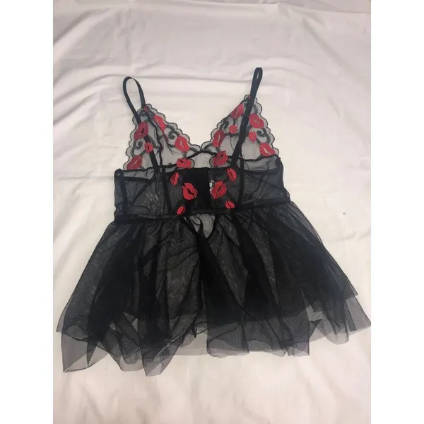 Babydoll Cami Med Black Red Embroidered Goth Fairy Slip Sexy Lips Lingerie Y2K - Image 3