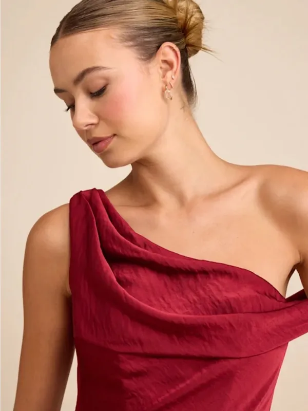 Lulu's One-Shoulder Burgundy Satin Evening Dress - Image 5