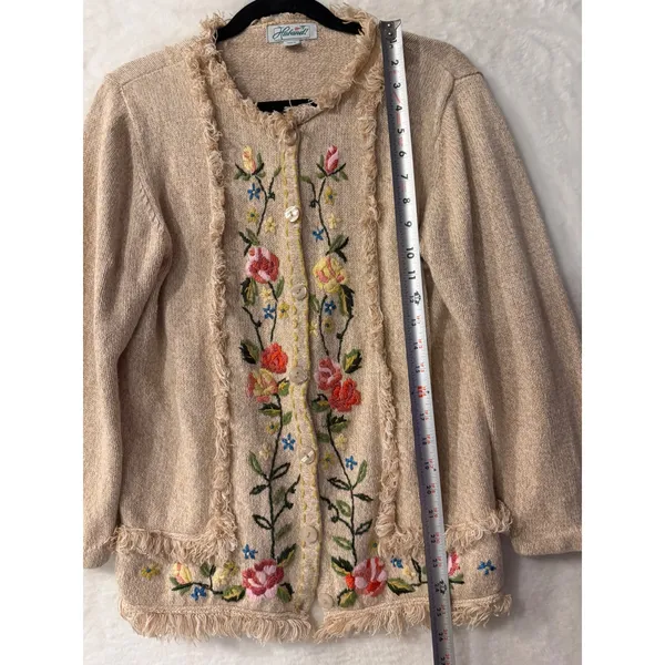 Haband Floral Embroidered Fringed Cardigan Sweater Beige Tan Large Vintage Style - Image 3