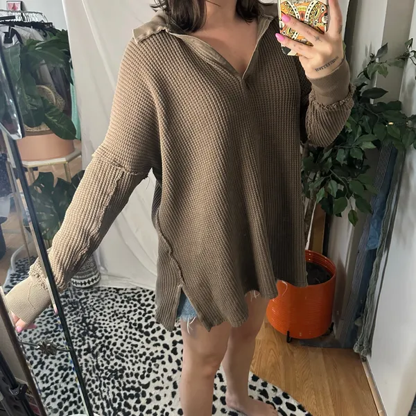Free People Travis Oversized Green Waffle Knit Thermal Polo Military Olive - Image 3