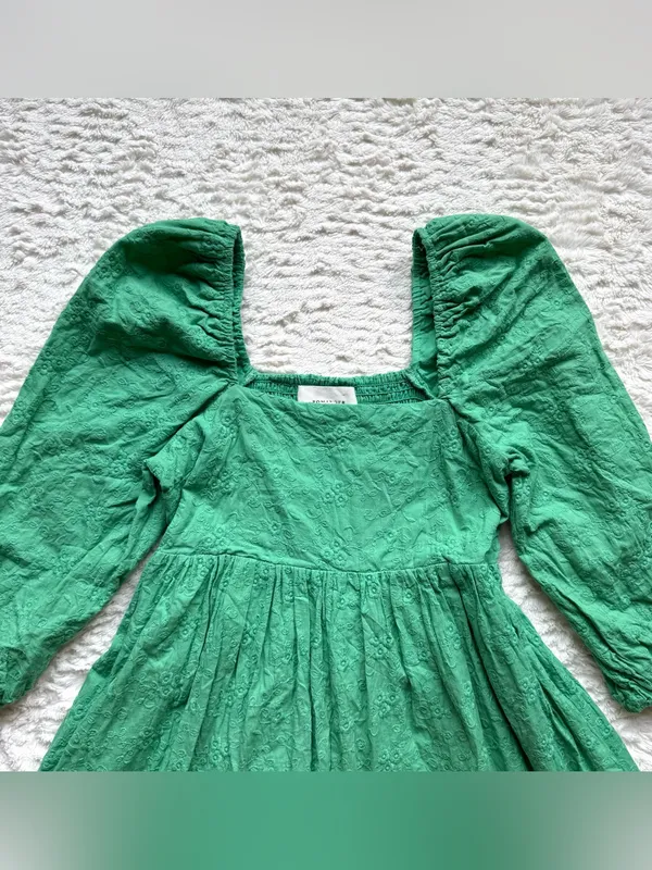 Tuckernuck Pomander Place Cotton Mini Dress XS Green Puff Sleeve Embroidered - Image 5