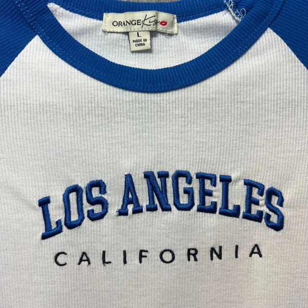 Orange Kiss Los Angeles California Ribbed Baby Tee Size‎ L Blue White Y2K Retro - Image 2