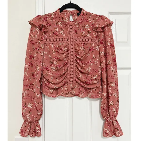 Milk & Honey Pink Floral Ruched Lace Ruffle Blouse Sheer Romantic Top Small - Image 2