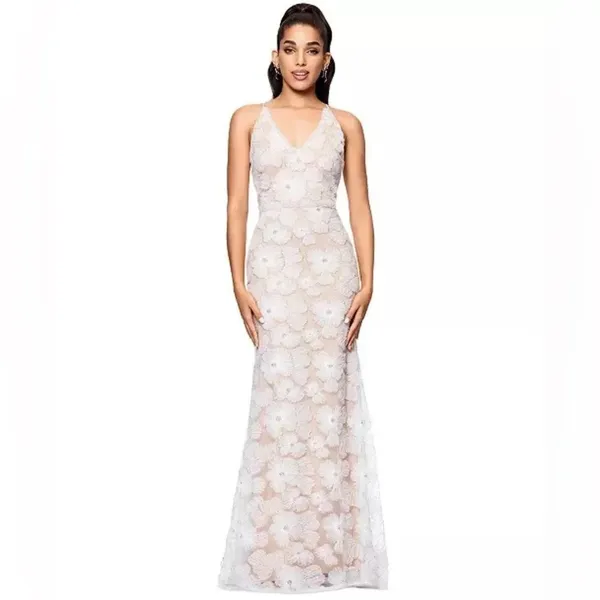 NWT Betsy & Adam Women's Embellished Floral Soutache Sleeveless Gown Dress White - Image 3