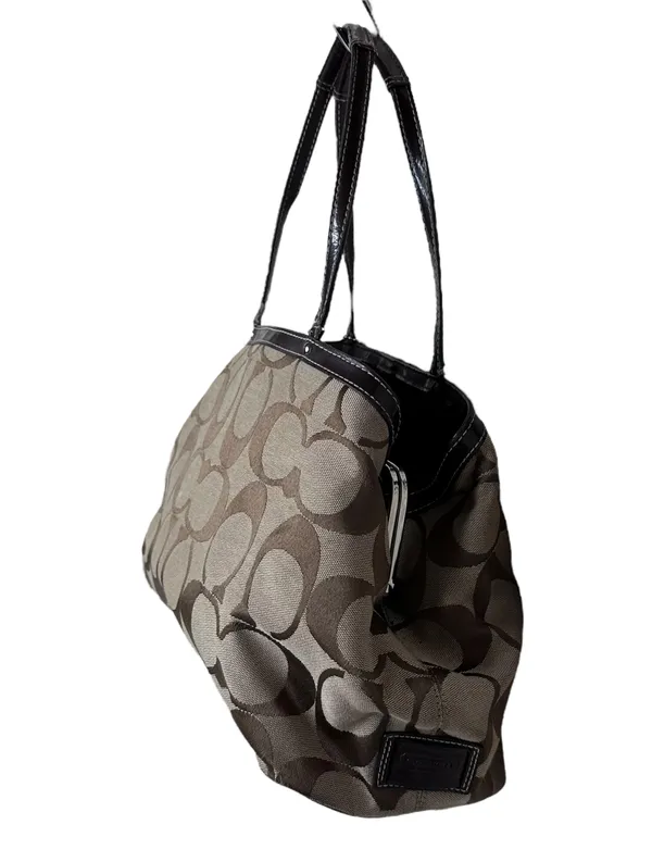 Coach Khaki and Mahogany Stripe Signature Kisslock Carryall Bag F19190 - Image 3