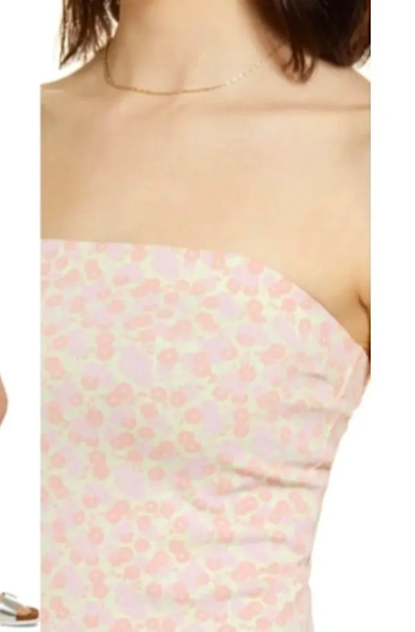 New Floral Print Knit Tube Dress Strapless Mini Green Pink - Image 5