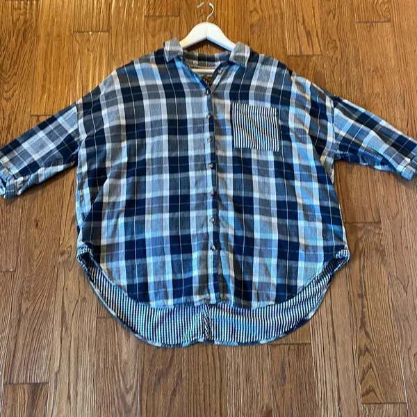 Anthropologie pilcro the letterpress blue plaid boyfriend collared flannel m/l - Image 10