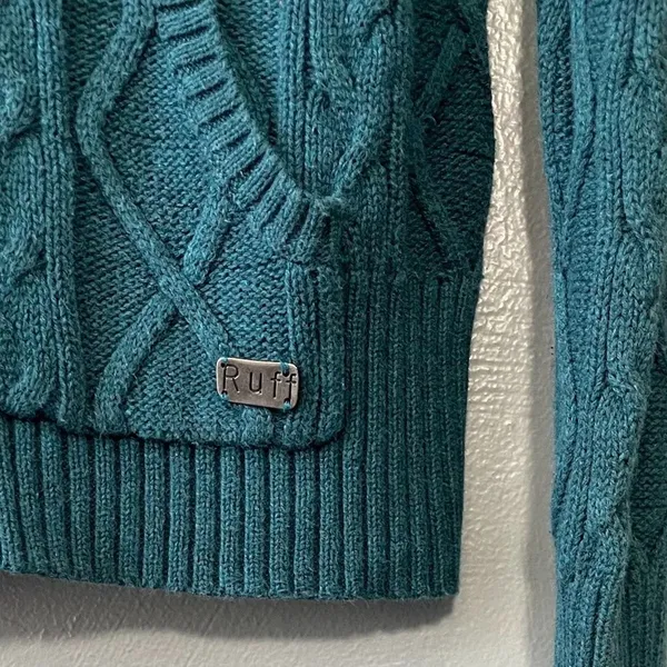 Ruff Hewn Y2K Teal Cable Knit Sweater Size Large Teal Chunky Academia Hoodie Gilmore Girls - Image 4