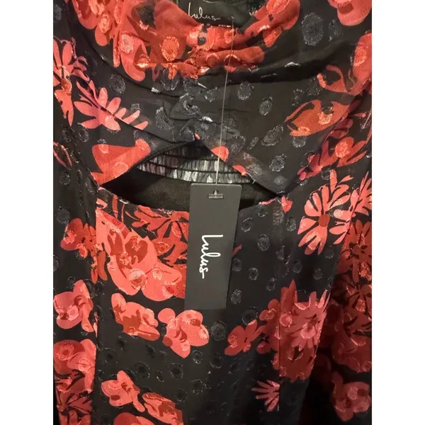 Lulus Truly Charming Floral Midi Dress Small Black Red Puff Sleeve Cutout NWT - Image 4