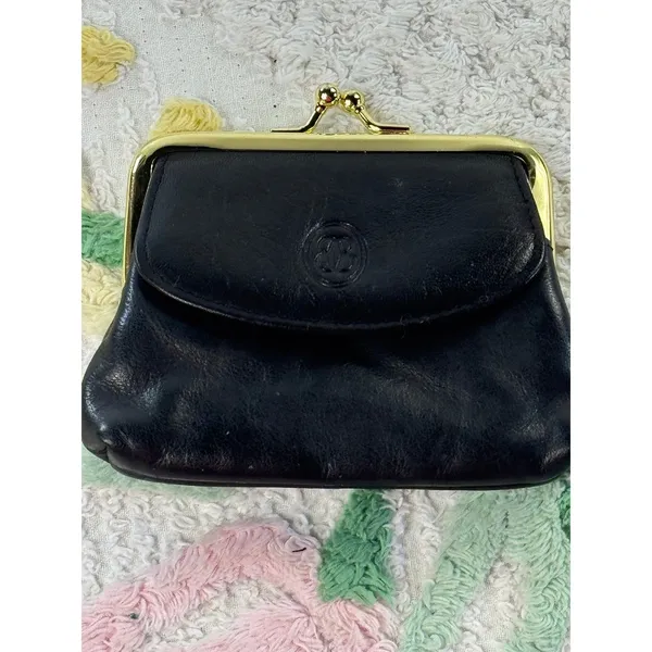 Vintage Buxton Leather Coin Purse &‎ Tooled Floral Kiss Lock Pouch Set Black - Image 6