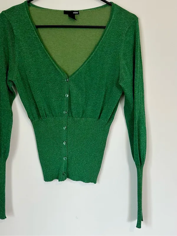 H&M Metallic Green V-Neck Button Cardigan Sweater - Size: Medium - Image 7