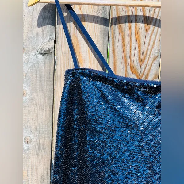 Free People Time to Shine Navy Blue Sequin Slip Dress - Image 6