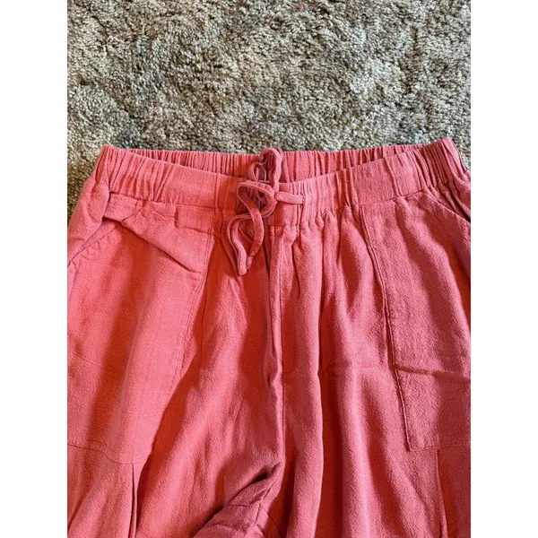 TARSE Coral Pink Linen Rayon Blend Wide Leg Drawstring Pants Resort Wear - Image 2