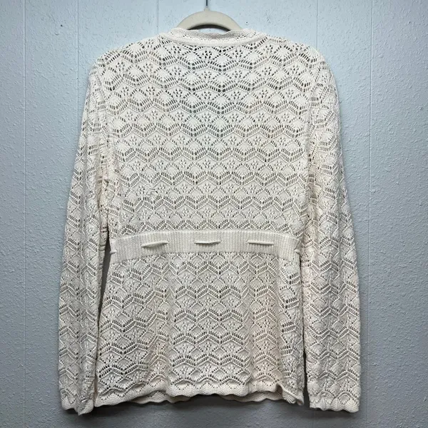 DALIA Pointelle Knit Tie Front Cotton Cardigan Sz Large Cottage Beachy Coastal - Image 8